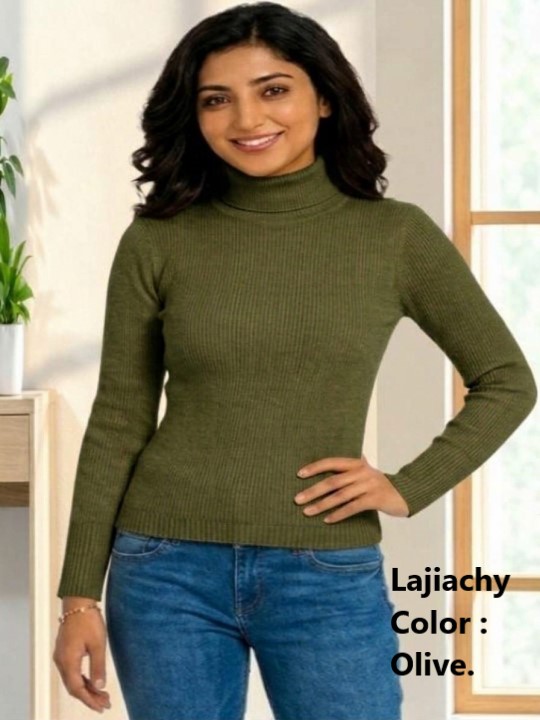 High Neck Sweater, Premium Cotton Ribbed High Neck Sweater for Women (Olive)