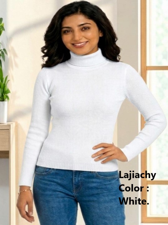 High Neck Sweater, Premium Cotton Ribbed High Neck Sweater for Women (White)